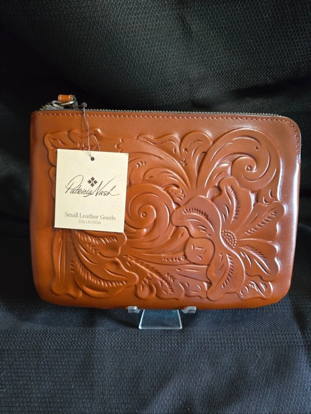 Patricia Nash Cassini Florence Tooled Leather XL Zip Pouch - Cognac NWT
